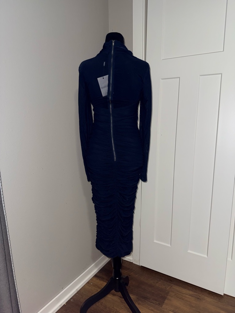 Bardot Aliyah Dress In Navy Small Bodycon Midi Long Sleeve Mesh Ruched Gown - Picture 5 of 6